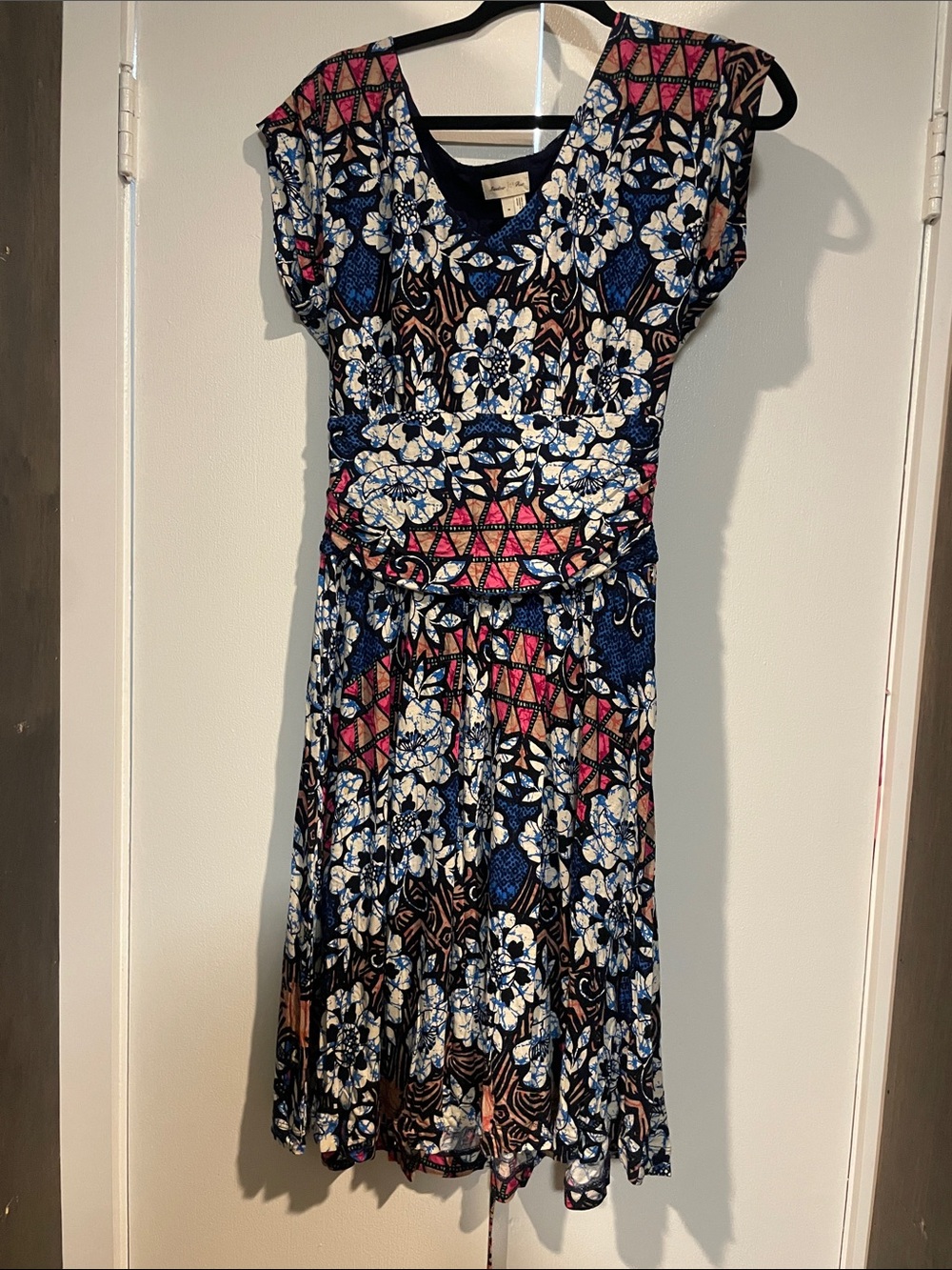 Meadow Rue Navy, Pink and Cream Floral V-Neck Midi Dress Anthropologie